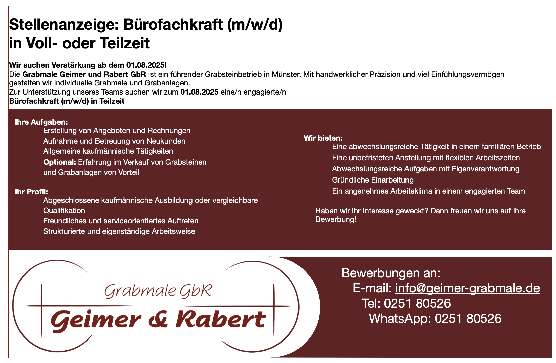 Stellenanzeige für Bürofachkraft, rot-weißes Farbschema, Firmenlogo unten links.