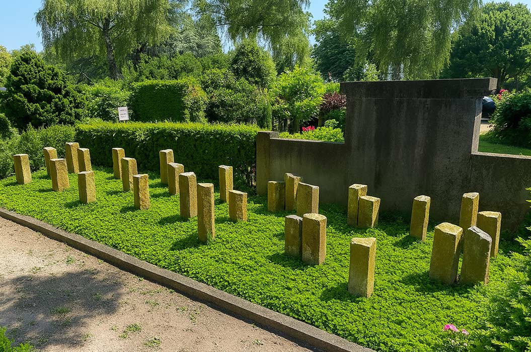 Grüne Grabstätte mit 20 aufrechten Steinquadern in einem gepflegten Garten bei sonnigem Wetter.